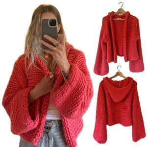 Anthropologie Knit Woven Crochet Hood Oversized Bell Sleeve Cardigan Sweater